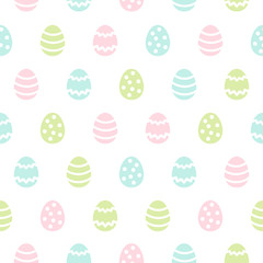 Simple Easter seamless repeat vector pattern with tiny painted stylized eggs. Flat design regular texture, spring background. Blush pink, grass green, sky blue pastel colors card, greetings template.