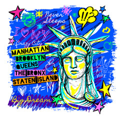 Wall Mural - New York, t shirt design, poster, print, statue of liberty lettering, map, tee shirt graphics, trendy, dry brush stroke, marker, color pen, ink, watercolor. Hand drawn vector illustration.