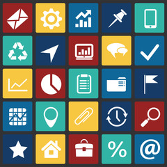 Poster - Business simple icons set on color squares background for graphic and web design, Modern simple vector sign. Internet concept. Trendy symbol for website design web button or mobile app