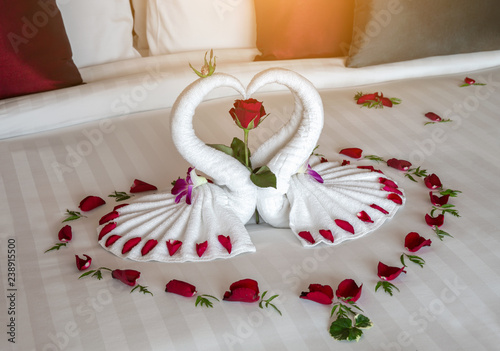Figure Of Swans Made Out Of Towels On The Bed Bed Decoration With Flowers And Rose Petals Romantic Interior Buy This Stock Photo And Explore Similar Images At Adobe Stock