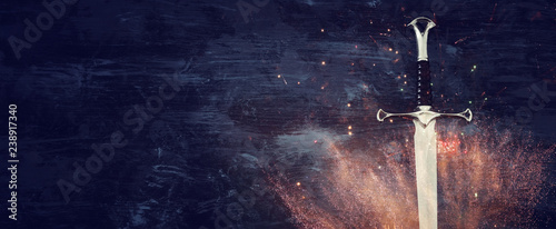 Cuadros en Lienzo low key banner of silver sword. fantasy medieval period.