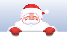 Santa Claus Holding Empty Sign. Cute Cartoon Santa Claus. Christmas Concept. Vector Stock. Blue Background