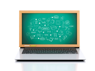 Poster - 3d Laptop with graduation sketch on chalkboard