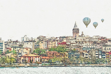 A watercolor sketch or illustration of a beautiful view of the traditional architecture in Istanbul, Turkey.