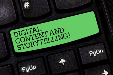 Poster - Word writing text Digital Content And Storytelling. Business concept for Marketing advertising optimization strategy Keyboard key Intention to create computer message pressing keypad idea