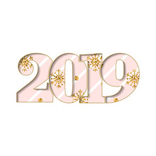 Happy New Year Card. Pink Striped Number 2019, Gold Snowflake Texture, Isolated White Background. Bright Graphic Design Holiday Celebration, Greeting, Christmas Banner Decoration. Vector Illustration
