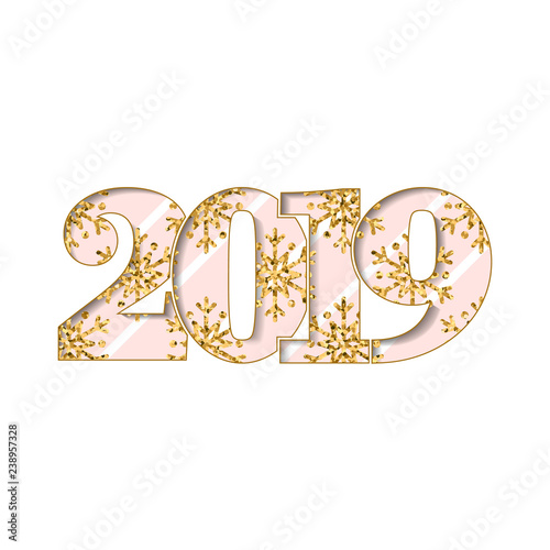 Happy New Year Card Pink Number 2019 Gold Snowflake Diagonal