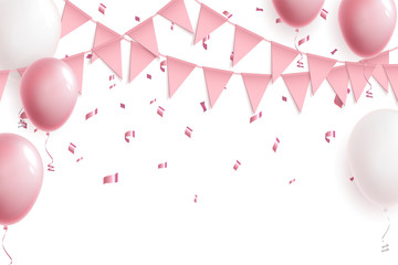 Celebration cute pink background with balloons, flag garland and foil confetti