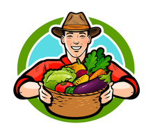 Happy Farmer Holding A Wicker Basket Full Of Fresh Vegetables. Agriculture, Farm, Farming Concept. Cartoon Vector Illustration