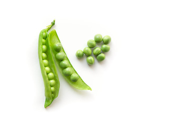 Isolated green pods. Sweet green pea. Top view. White background.