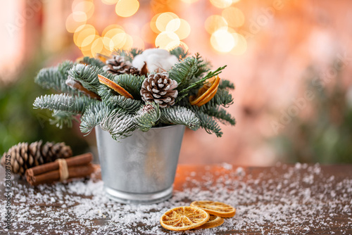 Christmas Arrangement With Norwegian Pine Nobilis And Decorated