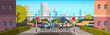 mix race people going crosswalk modern city street skyscraper downtown road urban cityscape background sunny day horizontal flat