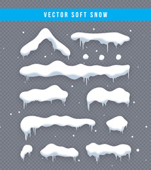 Wall Mural - Snow caps, snowballs and snowdrifts set. Snow cap vector collection. Winter decoration element. Snowy elements on winter background. Cartoon template. Snowfall and snowflakes in motion. Illustration.