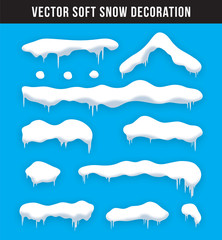 Wall Mural - Snow caps, snowballs and snowdrifts set. Snow cap vector collection. Winter decoration element. Snowy elements on winter background. Cartoon template. Snowfall and snowflakes in motion. Illustration.
