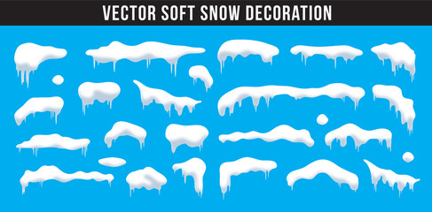 Wall Mural - Snow caps, snowballs and snowdrifts set. Snow cap vector collection. Winter decoration element. Snowy elements on winter background. Cartoon template. Snowfall and snowflakes in motion. Illustration.