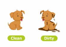 Vector Antonyms And Opposites. Cartoon Characters Illustration On White Background. Card For Children сan Be Used As A Teaching Aid For A Foreign Language Learning. Clean And Dirty.