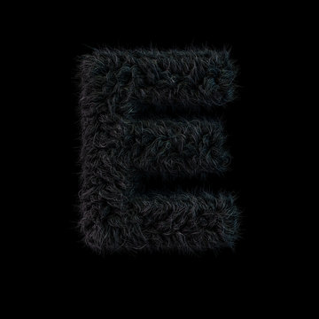 Uppercase fluffy and furry black font. Letter E. 3D