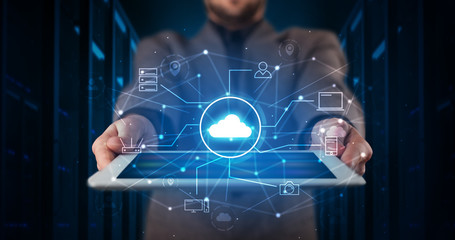 Poster - Formal hand in server room with virtual workspace concept
