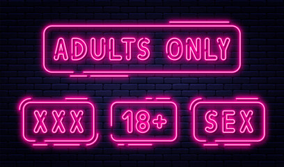 set of neon signs, adults only, 18 plus, sex and xxx. restricted content, erotic video concept banne