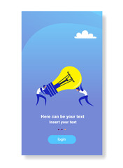 Poster - two businessmen holding light lamp sharing new creative idea teamwork concept flat vertical copy space
