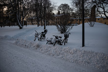 Bicycles In Snow At Winter In Stockholm