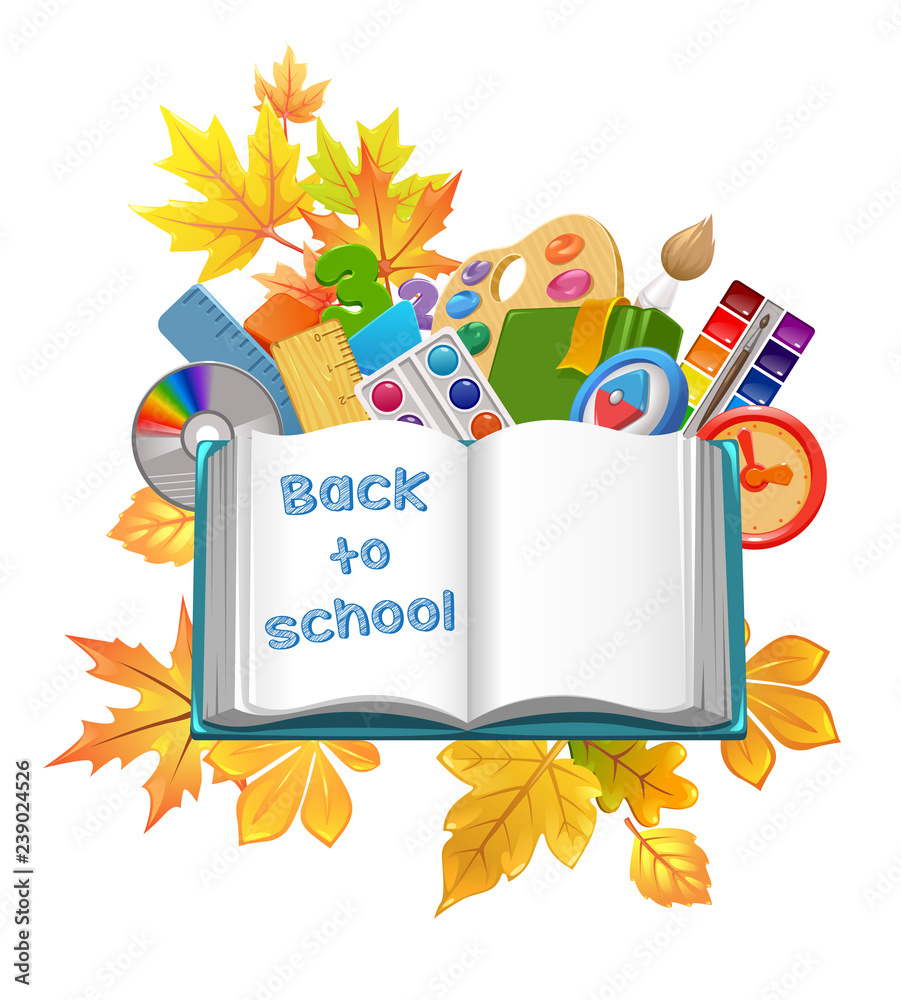 vector illustration 3d realistic back to school open book autumn leaves ...