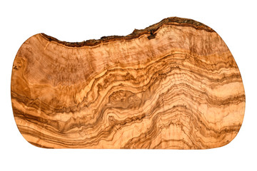 Top view of an olive wood serving and cutting board with vivid wood grain pattern isolated on white with clipping path at ALL sizes