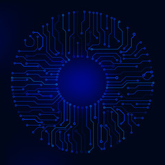Poster - Circuit Board Technology Information Pattern Concept Vector Background. Blue Scifi Color Abstract PCB Trace Data Infographic Design Illustration.