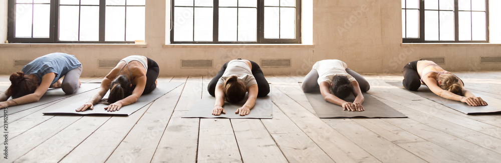 Five girls during yoga session at sport studio. Sportive females lying in row relaxing on wooden floor rubber mats doing Child Pose. Horizontal photography banner for website header. Wellness concept - obrazy, fototapety, plakaty 
