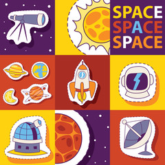 Wall Mural - Space equipment vector illustration. Badges, patches, stickers set with Space, UFO, rocket, telescope, comet, sun, moon, observatory, satellite, helmet. Discovering universe.