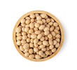 soy beans in wood bowl isolated on white background. top view
