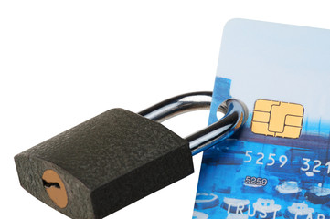 Concept secure banking. Credit card locked security isolated on white background.