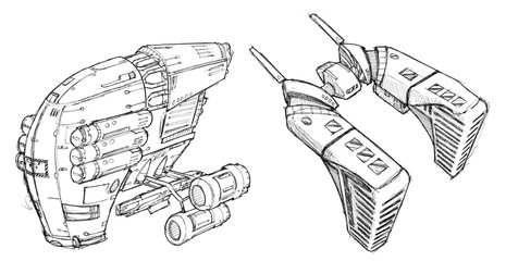 Black and white ink concept art drawing of two futuristic or sci-fi spaceships or spacecrafts.