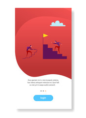 Poster - businessmen couple climbing and drawing stairs up to flag business competition concept flat vertical copy space