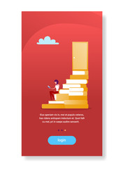 Poster - businesswoman sitting book stack stairs to door growth concept flat vertical copy space