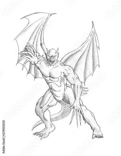 Black And White Pencil Concept Art Drawing Of Winged Fantasy Demon Or Evil Devil Monster With Wings Tail Claws And Horns Buy This Stock Illustration And Explore Similar Illustrations At Adobe
