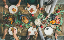 Traditional Christmas, New Year Holiday Celebration Party. Flat-lay Of Friends Or Family Eating At Festive Table With Turkey Or Chicken, Vegetables, Mushroom Sauce, Fruit, Top View
