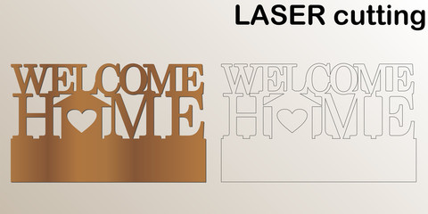 Aufkleber - Cut laser key hanger for interior. Sign 'Welcome home' for laser cutting. Template laser cutting machine for wood and metal. The perfect gift for St. Valentine's Day or Wedding day.
