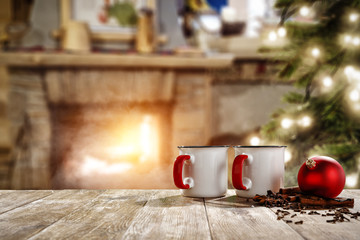 Wall Mural - Table background and christmas mug on desk 