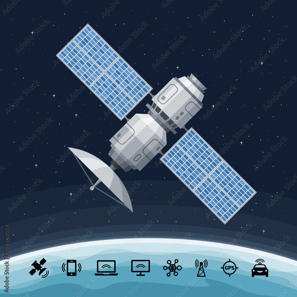 Space communication flat satellite orbiting the earth. Concept with GPS radar, solar panel and dish on a background. - obrazy, fototapety, plakaty 