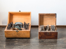 Old-fashioned Archaic Watch Repair Tools Stored In Quaint Wooden Box