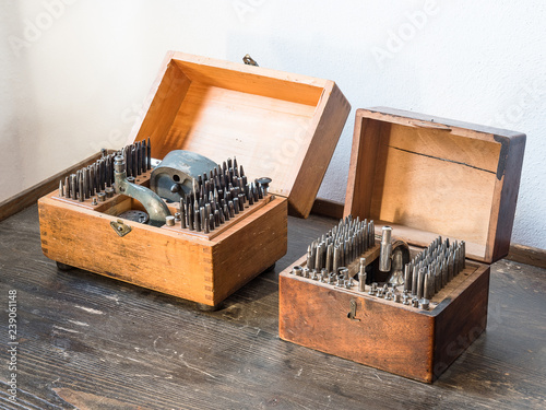 Old Fashioned Archaic Watch Repair Tools Stored In Quaint Wooden