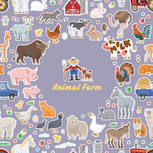 Vector Funny Animal Farm Seamless Background With Happy Farmer And Character Farming Pet.
