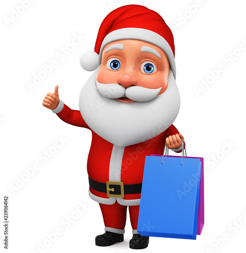 Fotografia Character Santa Claus shows thumb up and holds shopping