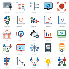 Wall Mural - 25 icons related to Network, Idea, Analytics, Line chart, Timeline, Data analytics signs. Vector illustration isolated on white background.