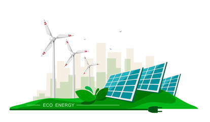 vector illustration of clean electric energy from renewable sources sun and wind on white. power pla