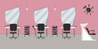 © irynaalex - Interior of a hairdressing salon in a pink color. Beauty salon. There are tables, chairs, a bath for washing the hair, mirrors, hair dryer in the image. There is a clock with hairdressing accessories