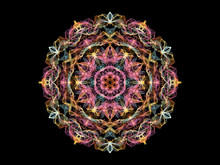 Pink, Blue And Yellow Abstract Flame Mandala Flower, Ornamental Round Pattern On Black Background. Yoga Theme.
