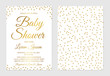 Gold confetti baby shower invitation card front and back side. Golden glittering polka dots invite for the parents to-be party. Vector illustration.