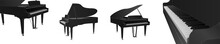 Beautiful Realistic Detailed Grand Piano Vector Set In Black Color With White Outlines.
